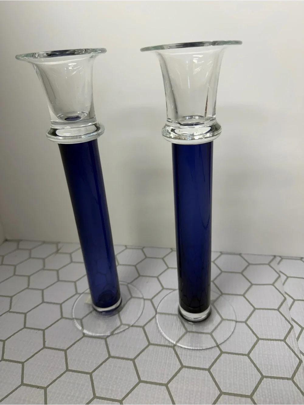 Elegant Blue Glass Taper Candle Holders - Pair